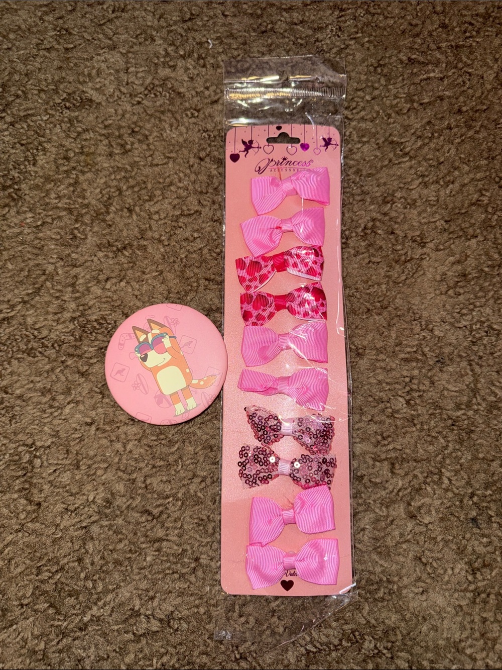 Pink Bow Hair Clips Set, with bluey pocket mirror